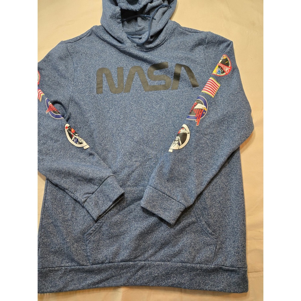 NASA Graphic Hoodie Blue Heathered Sweatshirt Space Mission Patches Mens L/XL